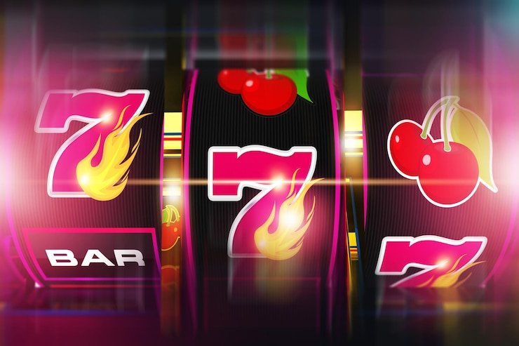 Layar permainan slot dengan simbol buah dan fitur bonus aktif